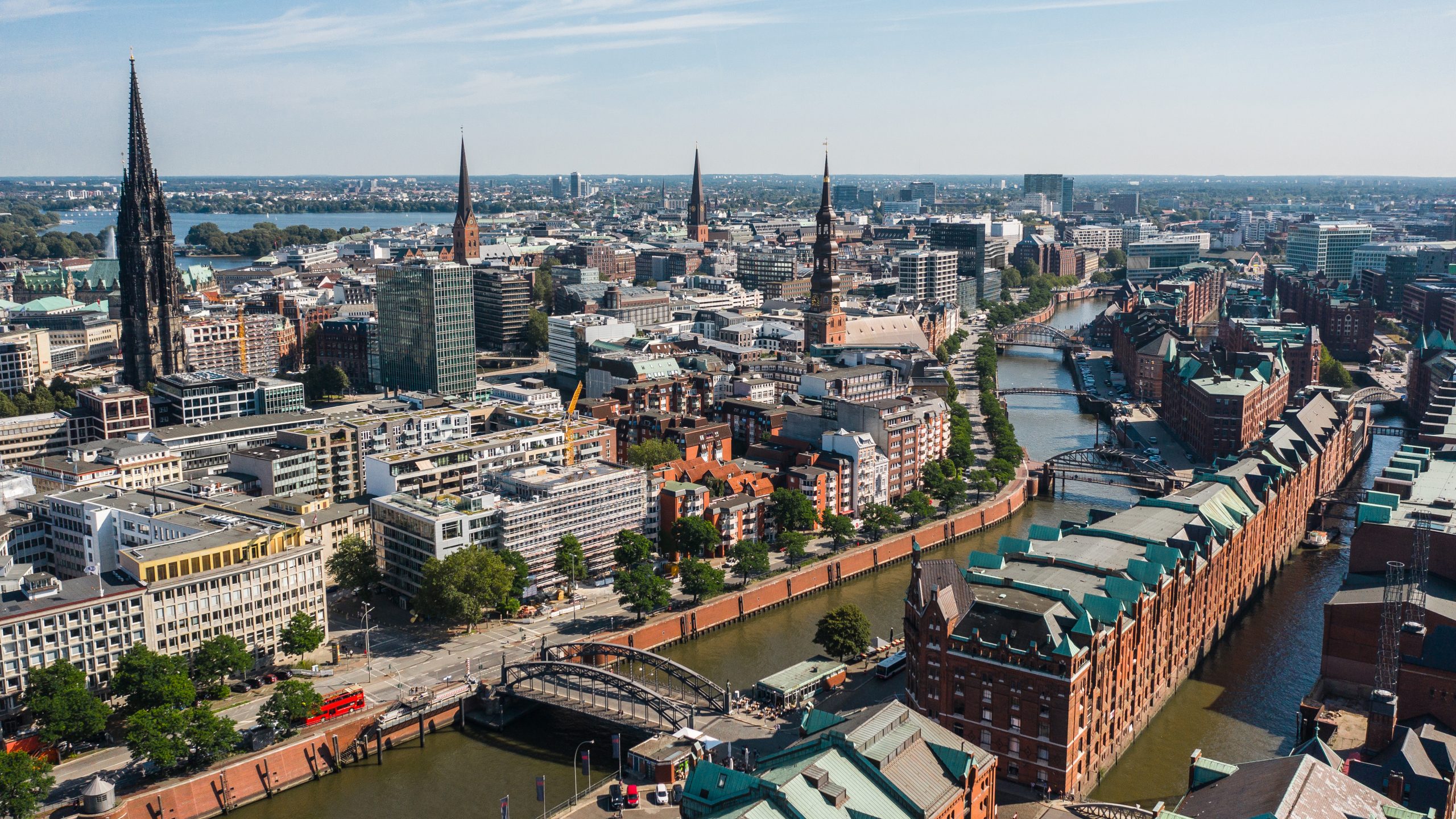 Cityscape of Hamburg on a sunny day. Aerial view