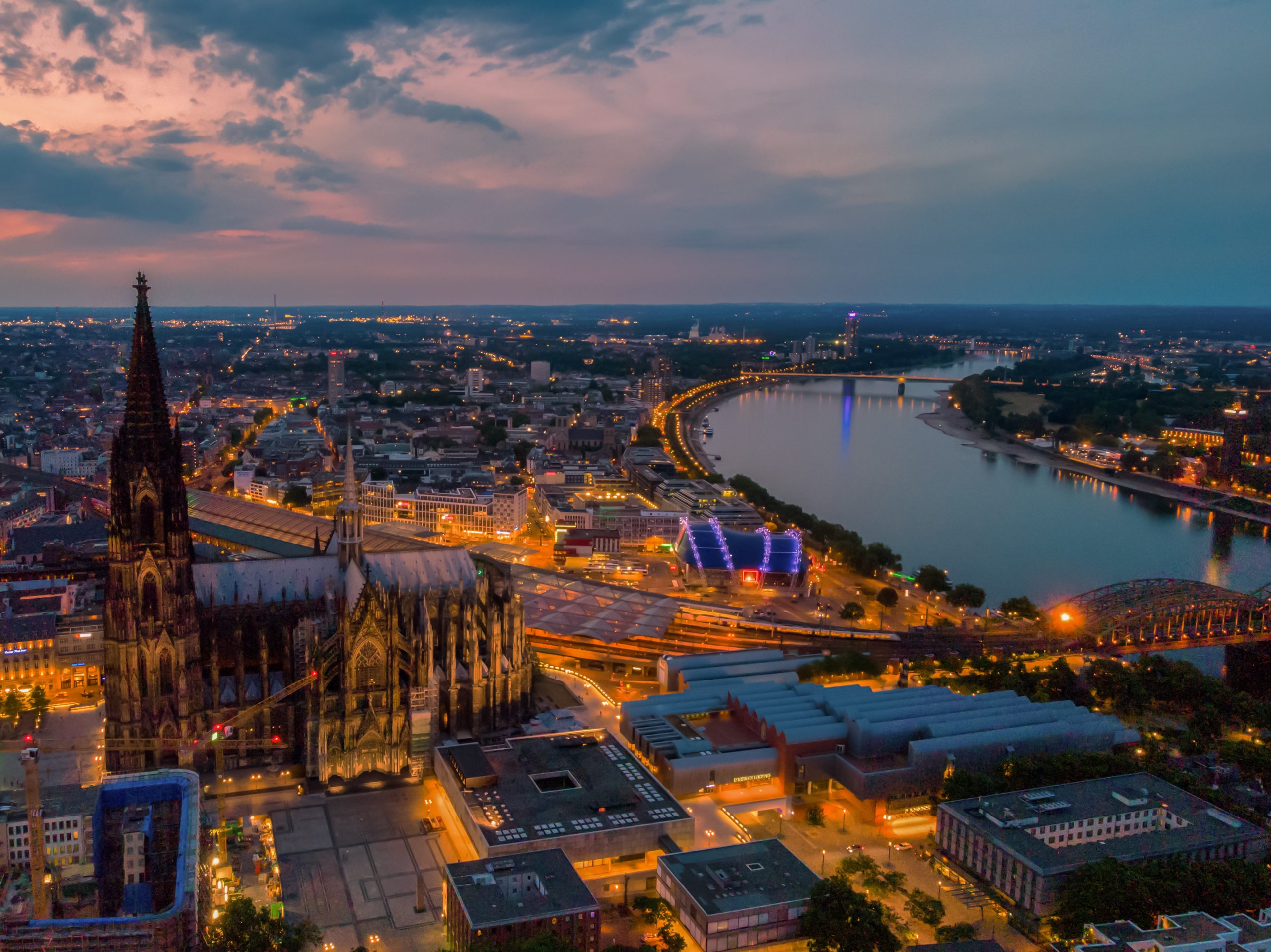 Cologne Germany view at the Dom of Cologne aerial drone view over Cologne rhine river Germany Cathedral at sunset during winter